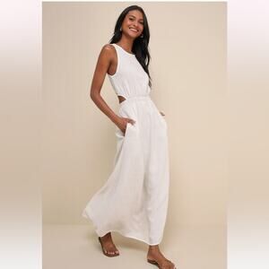 Little Lies Exceptionally Breezy Beige Linen Cutout Maxi Dress With Pockets New